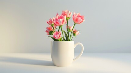 A white cup with pink flowers in it