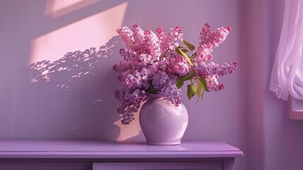 A white vase filled with purple flowers sitting on a table - Powered by Adobe