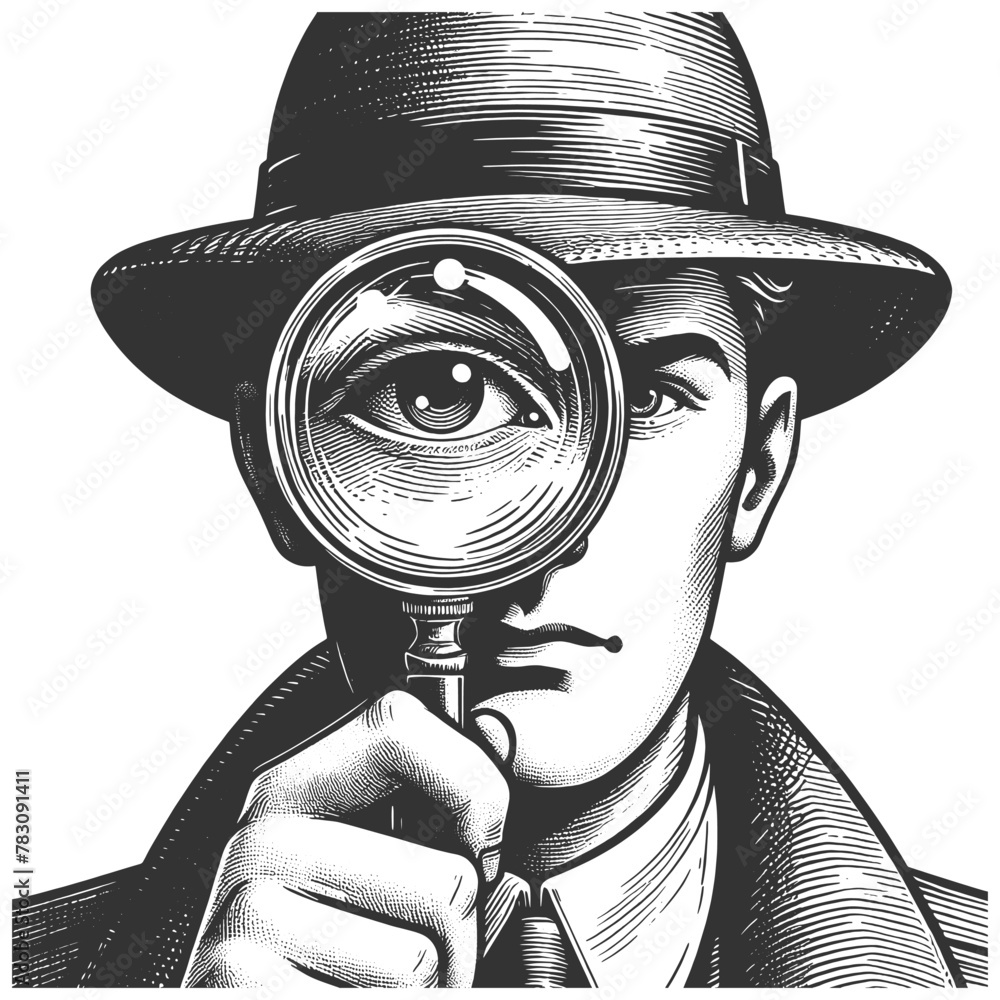 Poster detective with a magnifying glass, focusing intently on a clue sketch engraving generative ai fictio