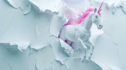 A white horse with a pink mane running through a cracked wall