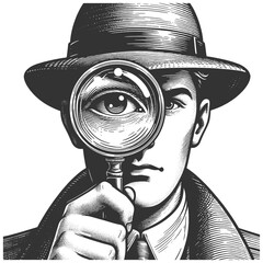 detective with a magnifying glass, focusing intently on a clue sketch engraving generative ai fictional character vector illustration. Scratch board imitation. Black and white image. - 783091411