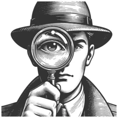 Stoff pro Meter detective with a magnifying glass, focusing intently on a clue sketch engraving generative ai fictional character vector illustration. Scratch board imitation. Black and white image. © Oleksandr Pokusai