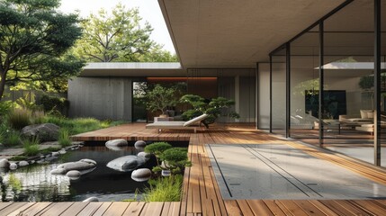 A patio with a wooden deck and a water feature