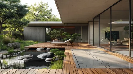 Naadloos Behang Airtex Bosweg A patio with a wooden deck and a water feature