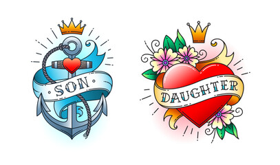 Set of Classic tattoo. Heart with flowers and ribbon with the word daughter. Anchor with rope and ribbon with the word son. Classic old school American retro tattoo. Vector illustration.