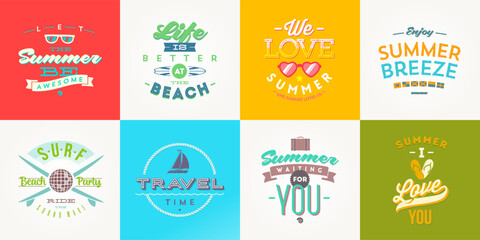 Set of vacation and travel logo and emblems. Summer holidays type design. Vector illustration. - 783091466