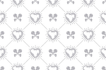 Seamless pattern with heart and crossed keys. Vector background design for wallpaper, wrapping paper, book flyleaf, envelope, etc. - 783091468