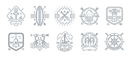 Set of adventures and travel line emblems, signs and labels. Line vector illustration. - 783091484
