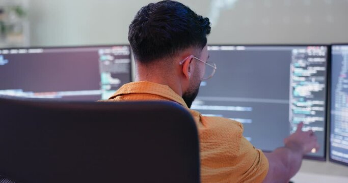 Office, man and employee in computer with coding as data analyst for programming or digital transformation. Worker, programmer and pc to analyze statistics or information with technology development