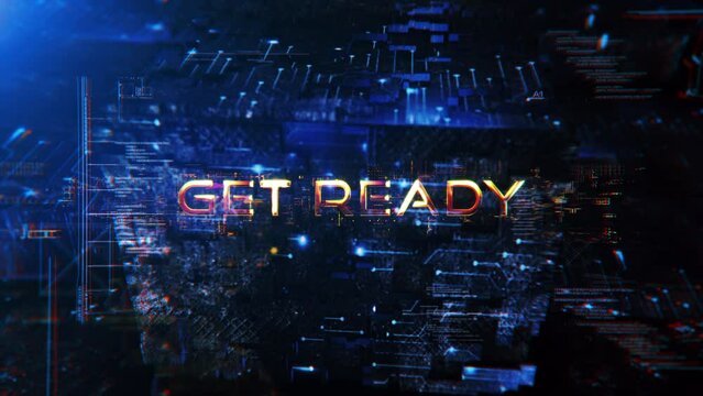 Abstract animation of Get Ready gold glitch text effect animation digital sci fi hitech effect for technology background  Ending cover for intro, title banner business presentation abstract background