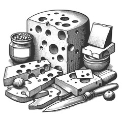 cheese assortment, featuring a large wheel, slices, and a cheese knife sketch engraving generative ai fictional character vector illustration. Scratch board imitation. Black and white image. - 783092043
