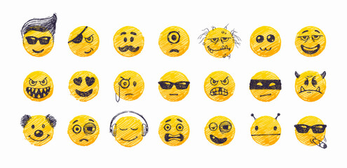 Vector set of Emoji. Hand drawn set of Emoticons. Smile icons. Vector illustration. - 783092053