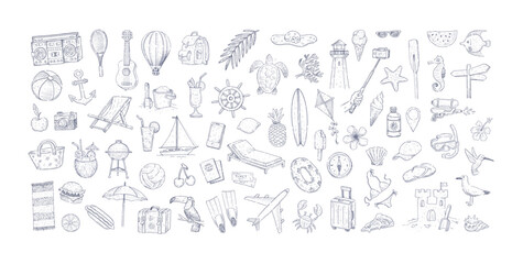Set of hand drawn summer holiday and tropical beach vacation objects, things and items. Vector illustration. - 783092089