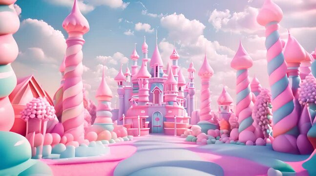Walk through a sugary dreamland with pastel castle and candy trees under a blue sky. Whimsical candy land landscape with swirling lollipop towers and gummy pathways	