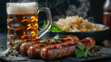 Hot Bratwurst with sauerkraut and mug of cold beer, on slate plate, isolated on dark background. Traditional Bavarian, German meal. - obrazy, fototapety, plakaty