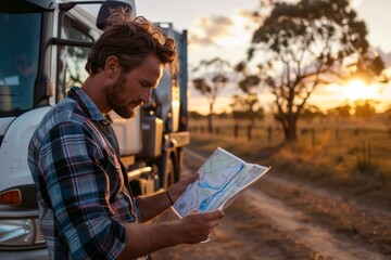 Truck driver reading a map at sunset