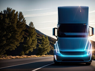 A futuristic truck driving down a deserted road.