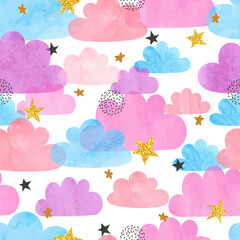 Seamless vector colorful watercolor clouds and stars pattern
