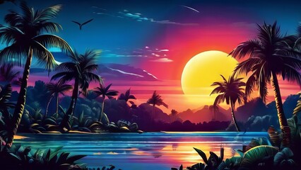 Illustration of a tropical island with palm trees and a full moon - obrazy, fototapety, plakaty