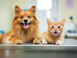 cute dog and cat in clinic at the veterinary clinic. Pet check up and vaccination. Health care