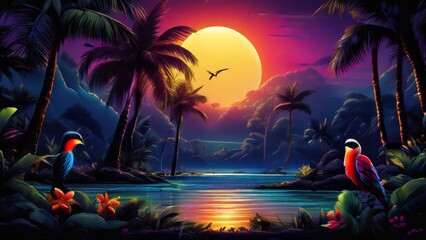Illustration of a tropical island with palm trees and a full moon