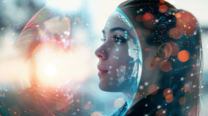 A woman's face is shown in a blue and red color scheme with a globe in the background. Concept of wonder and curiosity about the world and the human mind