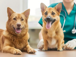 cute dog and cat in clinic at the veterinary clinic. Pet check up and vaccination. Health care