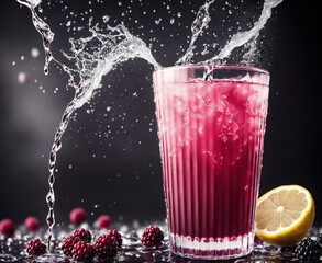 A glass of pink liquid with a lemon slice on top, surrounded by water droplets. - Powered by Adobe