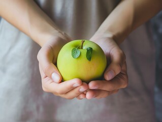 female hands holding green apple, weight loss diet concept