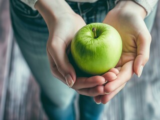 female hands holding green apple, weight loss diet concept