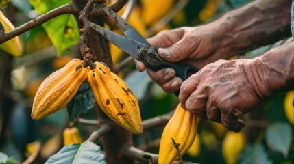 The hands of a cocoa farmer use pruning shears to cut the cocoa pods or fruit ripe yellow cacao from the cacao tree. - obrazy, fototapety, plakaty