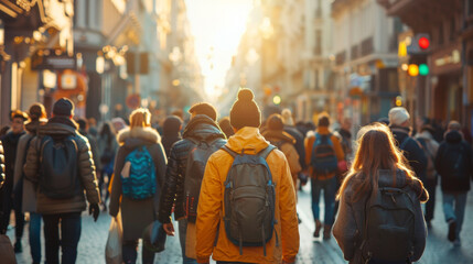 A group of people walking down a street with backpacks, AI