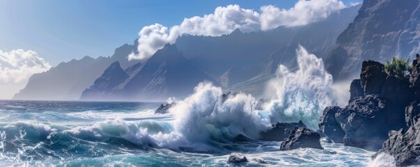 a large body of water with mountains in the background and waves crashing against the rocks - Powered by Adobe