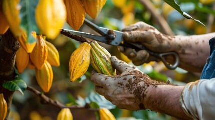 The hands of a cocoa farmer use pruning shears to cut the cocoa pods or fruit ripe yellow cacao from the cacao tree.