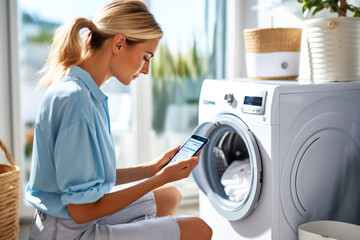 A Caucasian woman engages a smart washing machine using a mobile app in a sunlit home setting, showcasing convenience and modern lifestyle. Concept of digital home management, smart home technology.