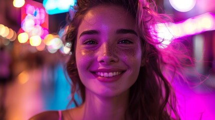 A woman smiling in front of a neon lit street, AI