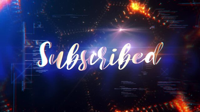 Abstract animation of Subscribe gold glitch text effect animation digital sci fi hitech effect for technology cinematic title background  Ending cover for intro, title banner business presentation abs