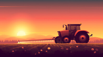 Obraz premium A tractor is spraying a field with a sun in the background. The sun is setting, creating a warm and peaceful atmosphere