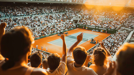 A crowd of people are watching a tennis match. The players are on the court and the crowd is cheering them on