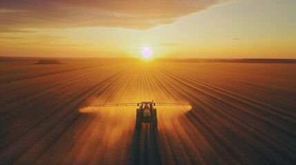 A tractor is spraying a field with a sun in the background. The sun is setting, creating a warm and peaceful atmosphere