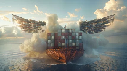 Fotobehang close shot of container ship is flying in air with clouds like sea waves  " ai genarated " © Shaji