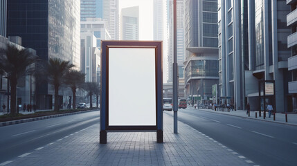 A large white billboard sits on a city street. The billboard is empty and the city is bustling with...
