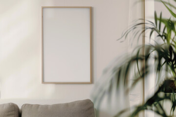 Empty wooden frame on the white wall in a minimalism style living room. Template.