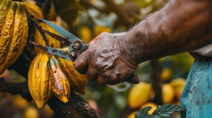 Close-up hands of a cocoa farmer use pruning shears to cut the cocoa pods or fruit ripe yellow cacao from the cacao tree.