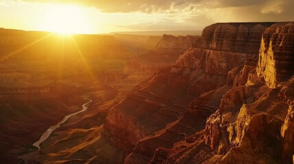 A breathtaking sunset envelops the Grand Canyons layered cliffs in a symphony of rich earthy hues background with empty space for text