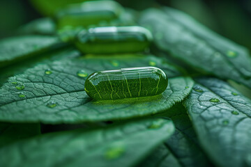 Green leave in capsule. Natural vitamin pills. Alternative medicine