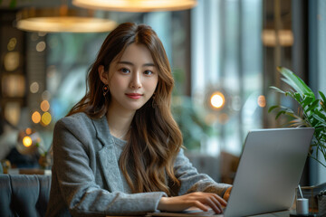 Young Chinese female businesswoman works on her laptop in a contemporary workspace