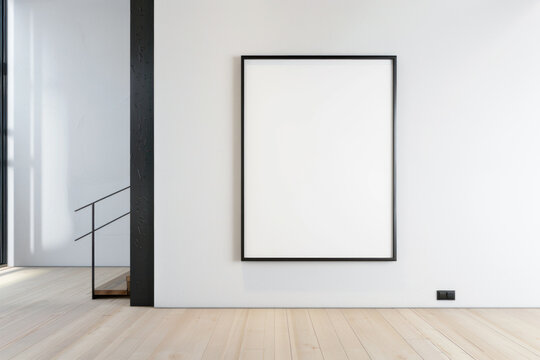 Empty black frame on the white wall in a minimalism style living room.