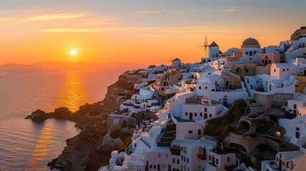 The golden sunset casts a warm glow over Santorinis distinctive skyline illuminating the white-washed buildings against a radiant gradient of orange and pink hues