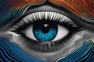 Artistic depiction of a vivid blue eye with graphic lines